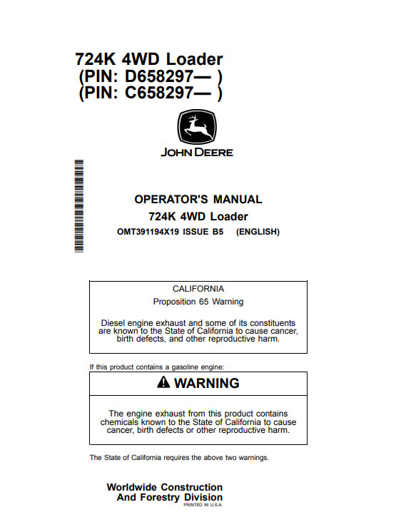 JOHN DEERE 724K 4WD LOADER OPERATOR MANUAL OMT391194X19