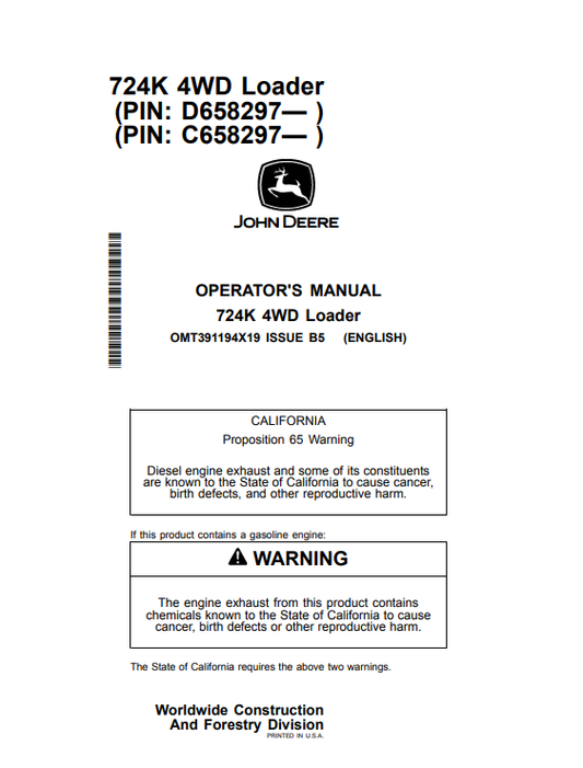 JOHN DEERE 724K 4WD LOADER OPERATOR MANUAL OMT391194X19