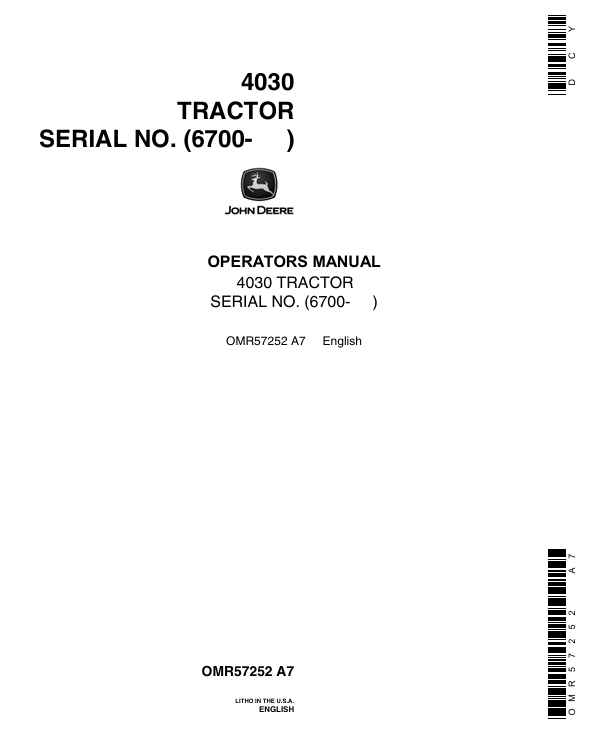 JOHN DEERE 4030 TRACTOR OPERATOR MANUAL OMR57252