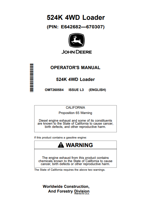 JOHN DEERE 524K 4WD LOADER OPERATOR MANUAL OMT260584