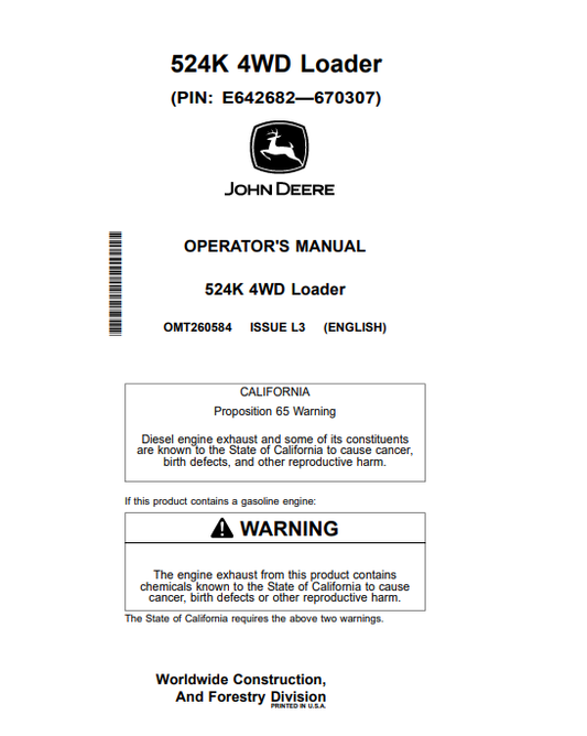 JOHN DEERE 524K 4WD LOADER OPERATOR MANUAL OMT260584