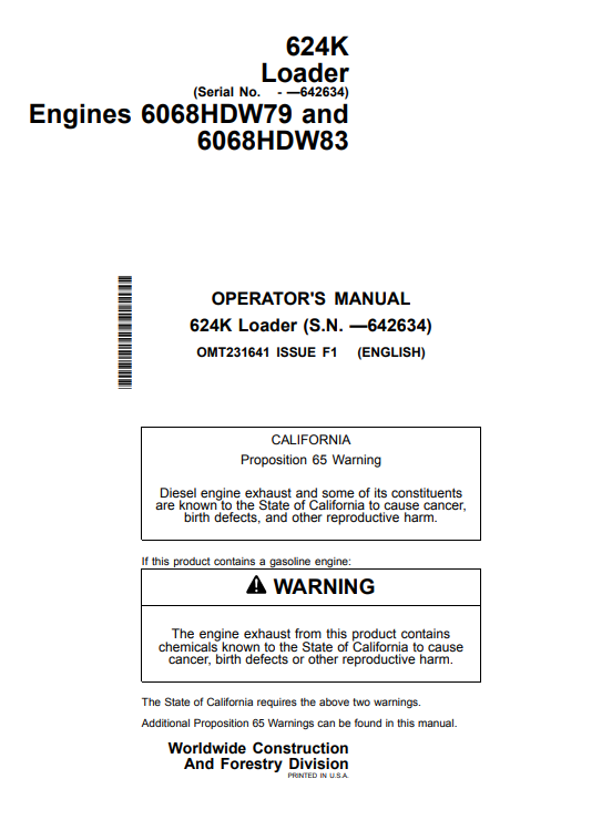 JOHN DEERE 624K LOADER OPERATOR MANUAL OMT231641