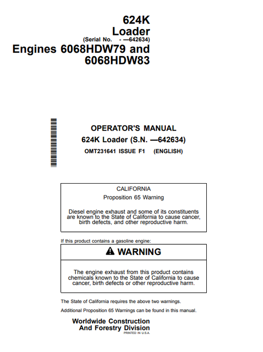 JOHN DEERE 624K LOADER OPERATOR MANUAL OMT231641