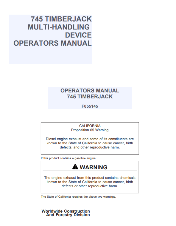 JOHN DEERE 745 TIMBERJACK MULTI-HANDLING DEVICE OPERATOR MANUAL F055145