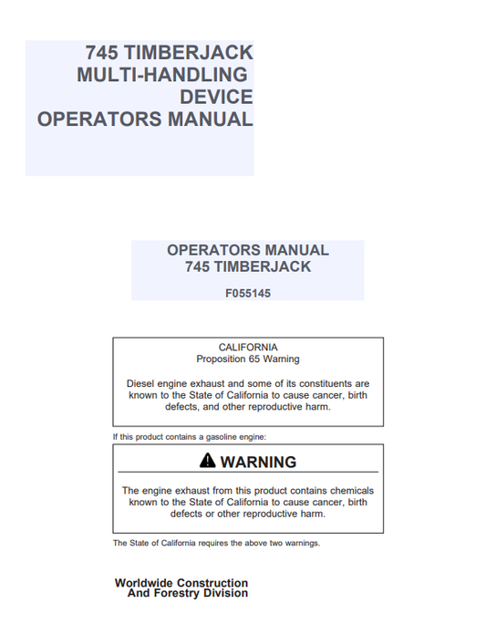 JOHN DEERE 745 TIMBERJACK MULTI-HANDLING DEVICE OPERATOR MANUAL F055145