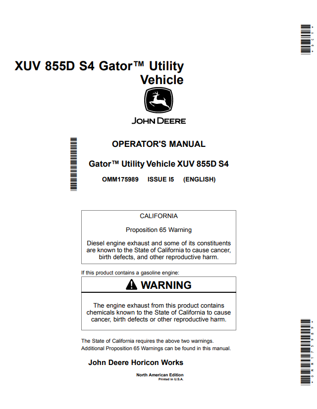 JOHN DEERE XUV 855D S4 GATOR™ UTILITY VEHICLE OPERATOR MANUAL OMM175989
