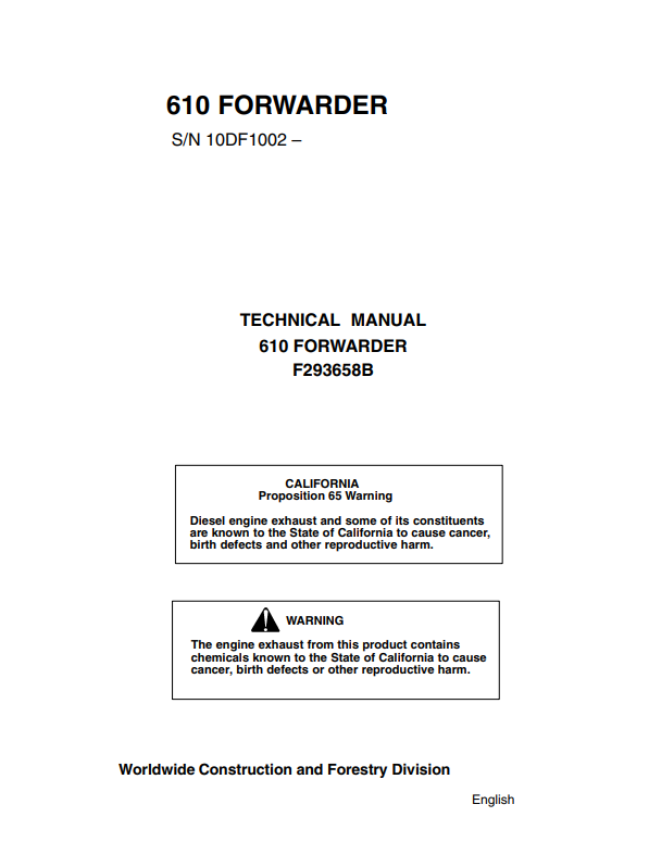 JOHN DEERE 610 FORWARDER OPERATOR MANUAL F293658B