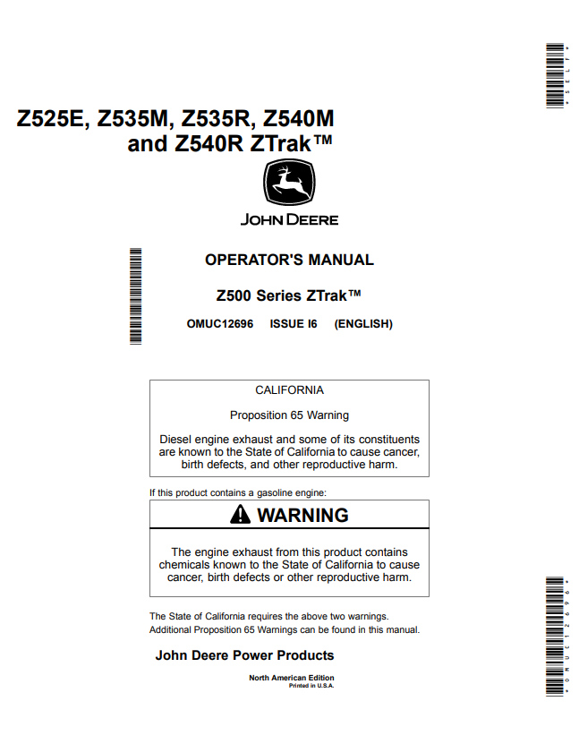 JOHN DEERE Z525E, Z535M, Z535R, Z540M AND Z540R, Z500 SERIES ZTRAK™ OPERATOR MANUAL OMUC12696