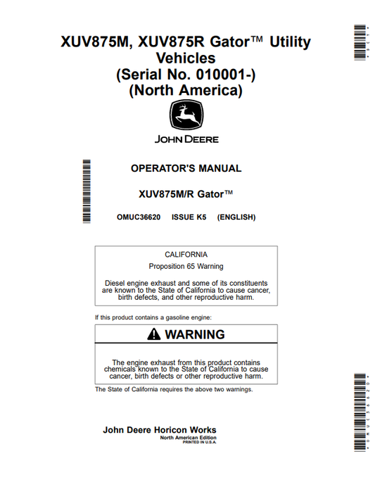 JOHN DEERE XUV875M, XUV875R GATOR™ UTILITY VEHICLES OPERATOR MANUAL OMUC36620