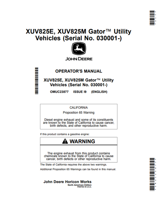 JOHN DEERE XUV825E, XUV825M GATOR™ UTILITY VEHICLES OPERATOR MANUAL OMUC23877