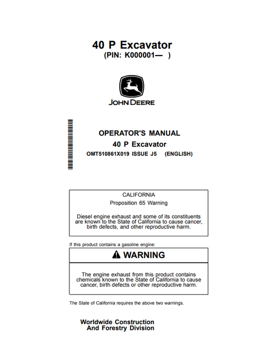 JOHN DEERE 40 P EXCAVATOR OPERATOR MANUAL OMT510861X019