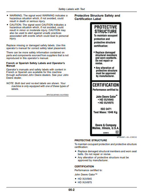 JOHN DEERE XUV875M, XUV875R GATOR™ UTILITY VEHICLES OPERATOR MANUAL OMUC36620
