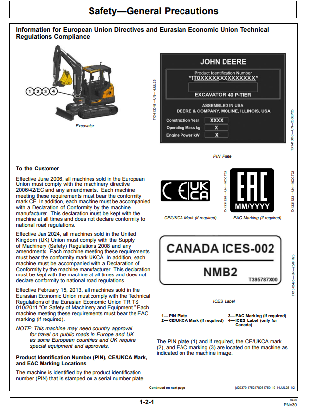 JOHN DEERE 40 P EXCAVATOR OPERATOR MANUAL OMT510861X019