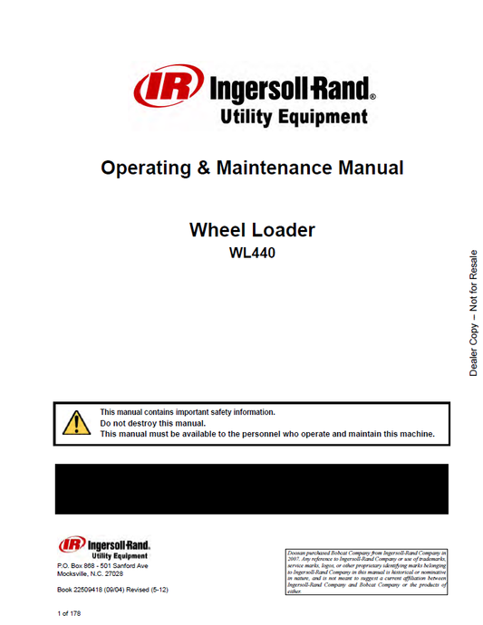 22509400 Bobcat WL350 Wheel Loader Operating & Maintenance Manual
