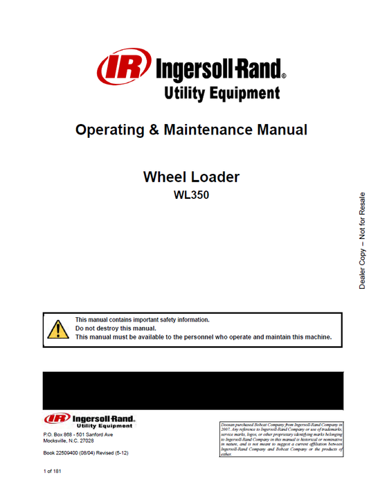 22509400 Bobcat WL350 Wheel Loader Operation & Maintenance Manual