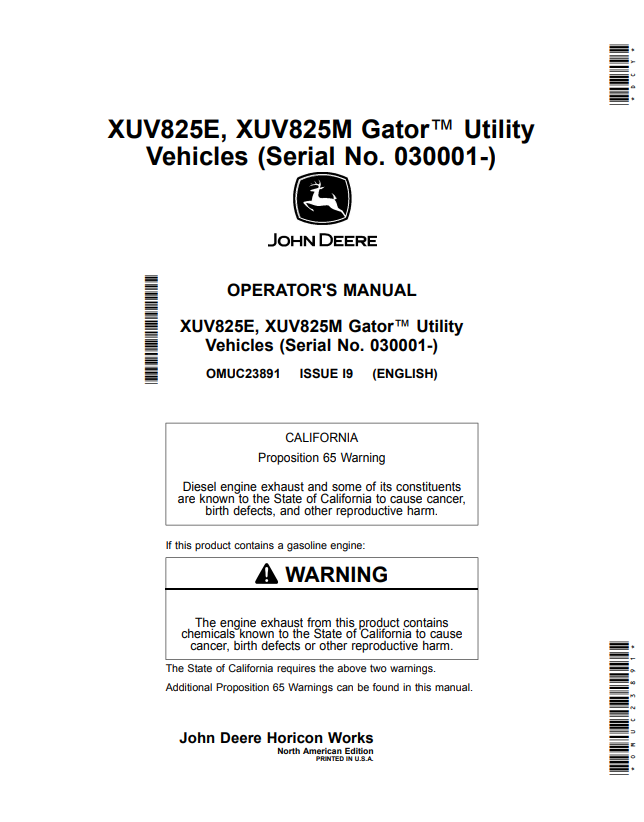 JOHN DEERE XUV825E, XUV825M GATOR™ UTILITY VEHICLES OPERATOR MANUAL OMUC23891