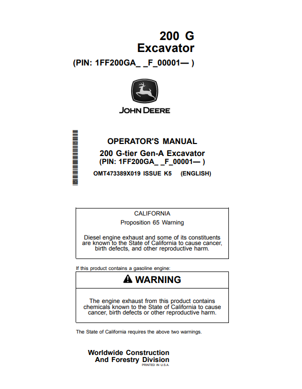 JOHN DEERE 200 G-TIER GEN-A EXCAVATOR OPERATOR MANUAL OMT473389X019