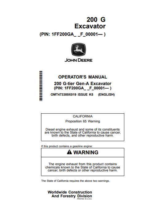 JOHN DEERE 200 G-TIER GEN-A EXCAVATOR OPERATOR MANUAL OMT473389X019