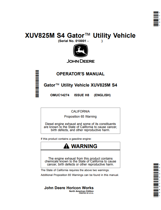 JOHN DEERE XUV825M S4 GATOR™ UTILITY VEHICLE OPERATOR MANUAL OMUC14274