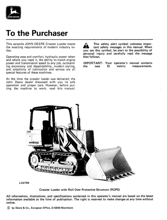 JOHN DEERE JD455 CRAWLER LOADER OPERATOR MANUAL OML35360