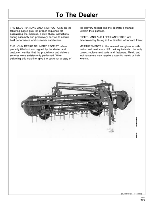 JOHN DEERE 64, 74, 75 SIDE DELIVERY RAKES AND TANDEM HITCH PRE DELIVERY INSTRUCTION MANUAL PDIE87593
