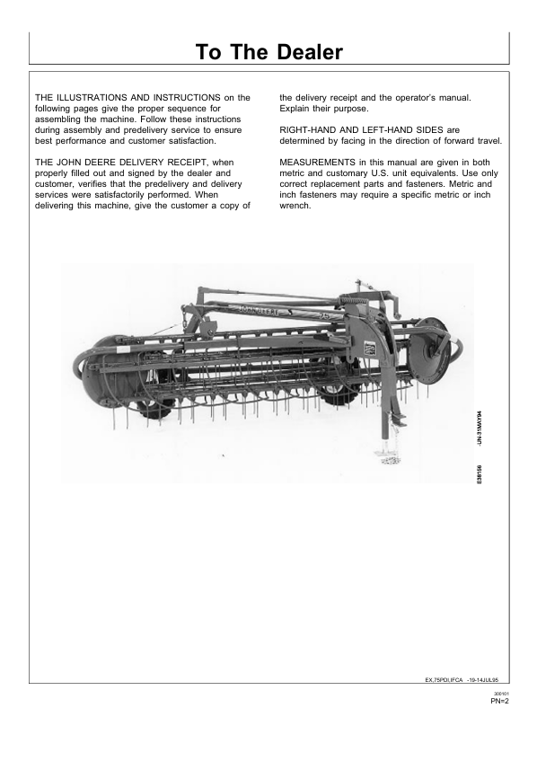 JOHN DEERE 64, 74, 75 SIDE DELIVERY RAKES AND TANDEM HITCH PRE DELIVERY INSTRUCTION MANUAL PDIE87593