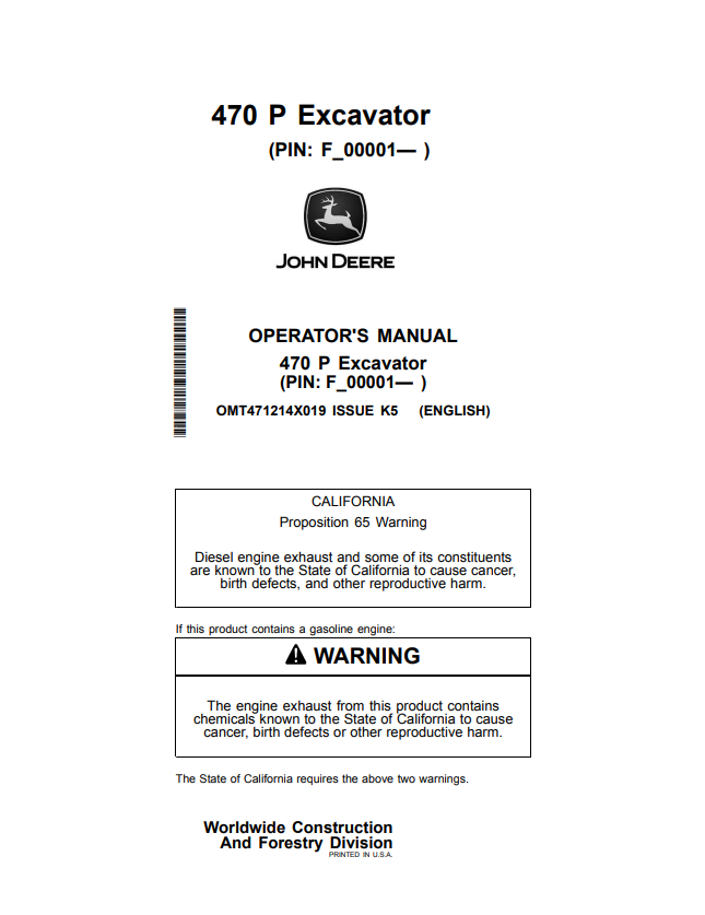 JOHN DEERE 470 P EXCAVATOR OPERATOR MANUAL OMT471214X019