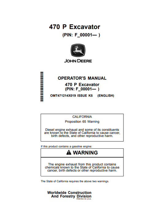 JOHN DEERE 470 P EXCAVATOR OPERATOR MANUAL OMT471214X019