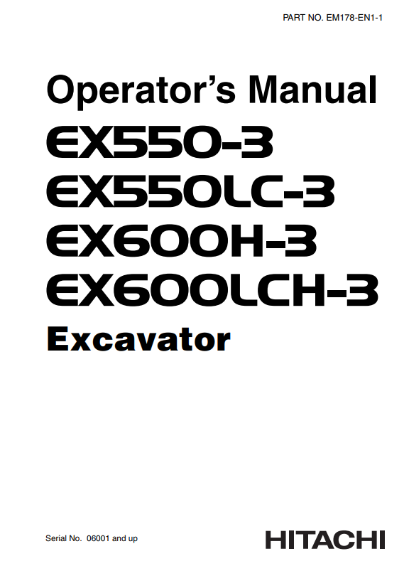 HITACHI EX550-3, EX550LC-3, EX600LCH-3, EX600H-3 EXCAVATOR OPERATOR MANUAL EM17BEN11