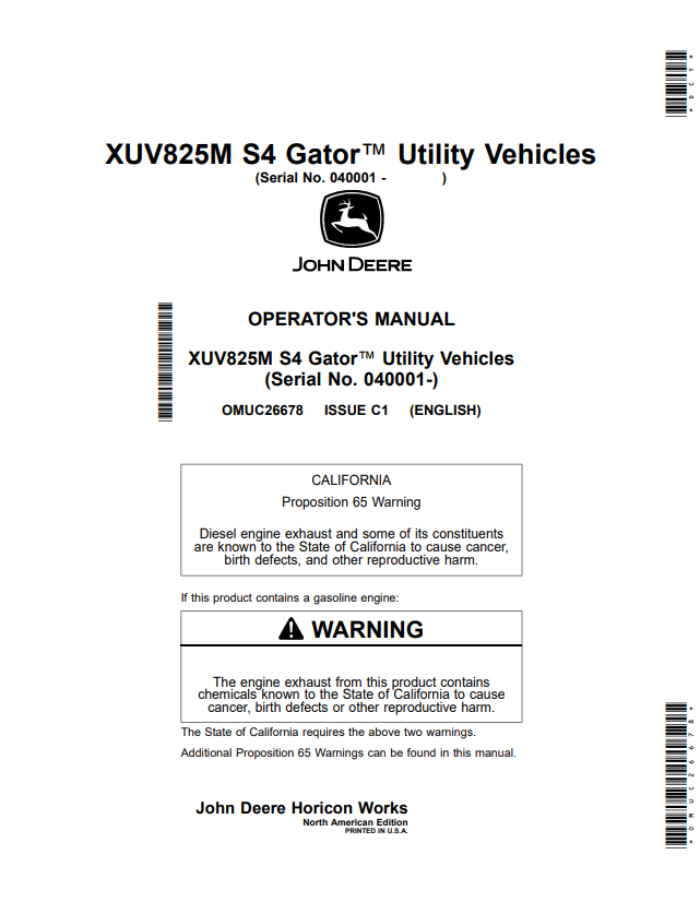 JOHN DEERE XUV825M S4 GATOR™ UTILITY VEHICLES OPERATOR MANUAL OMUC26678