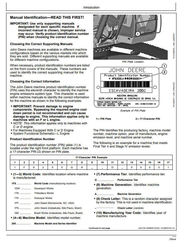 JOHN DEERE 200 G EXCAVATOR OPERATOR MANUAL OMT499736X019