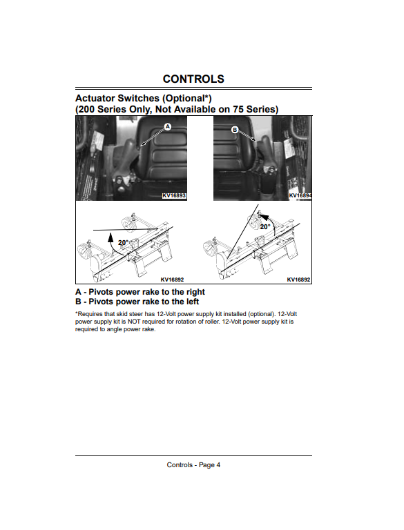JOHN DEERE POWER RAKE PR72 AND PR96 FOR 240, 250, 260, 270 AND 4475, 5575, 6675, 7775, 8875 SKID STEER OPERATOR MANUAL OMKV16793