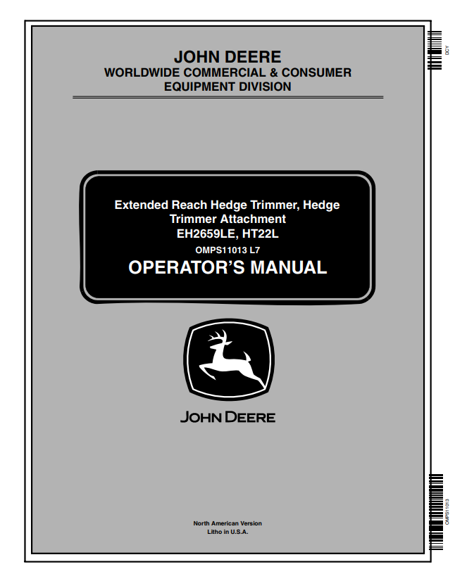 JOHN DEERE EH2659LE, HT22L EXTENDED REACH HEDGE TRIMMER, HEDGE TRIMMER ATTACHMENT OPERATOR MANUAL OMPS11013