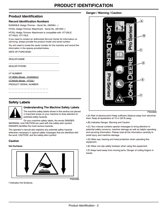 JOHN DEERE EH2659LE, HT22L EXTENDED REACH HEDGE TRIMMER, HEDGE TRIMMER ATTACHMENT OPERATOR MANUAL OMPS11013