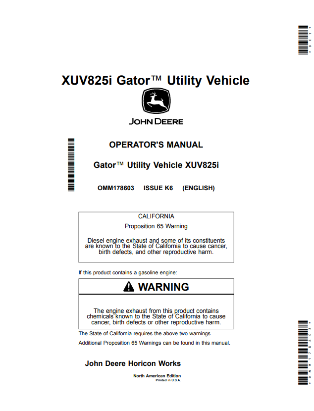 JOHN DEERE XUV825I GATOR™ UTILITY VEHICLE OPERATOR MANUAL OMM178603