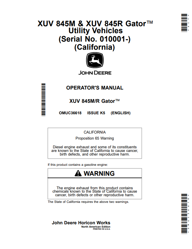 JOHN DEERE XUV 845M & XUV 845R GATOR™ UTILITY VEHICLES OPERATOR MANUAL OMUC36618