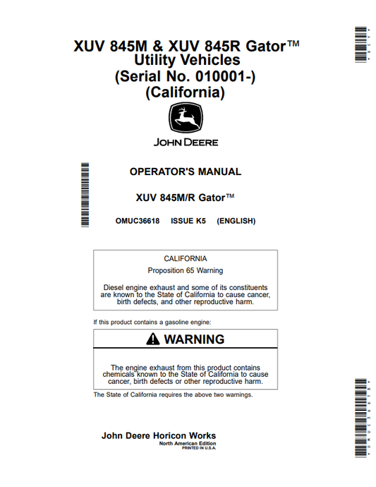 JOHN DEERE XUV 845M & XUV 845R GATOR™ UTILITY VEHICLES OPERATOR MANUAL OMUC36618