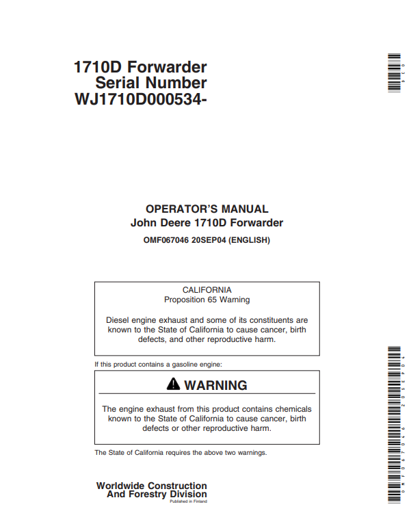 JOHN DEERE 1710D FORWARDER OPERATOR MANUAL OMF067046