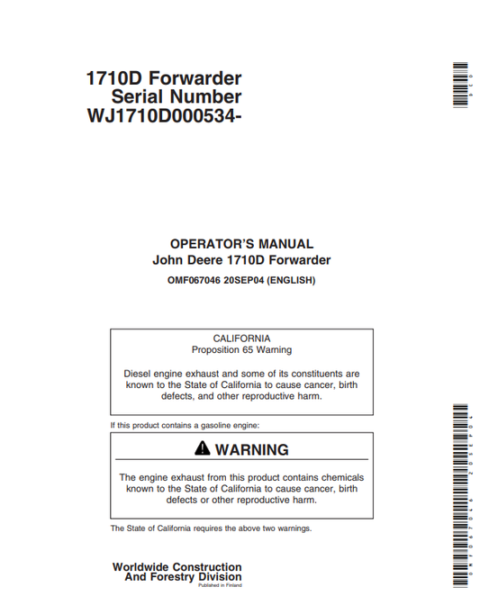 JOHN DEERE 1710D FORWARDER OPERATOR MANUAL OMF067046