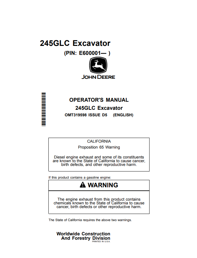 JOHN DEERE 245GLC EXCAVATOR OPERATOR MANUAL OMT319598