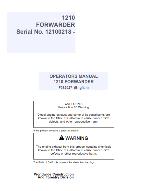 JOHN DEERE 1210 FORWARDER OPERATOR MANUAL F032027