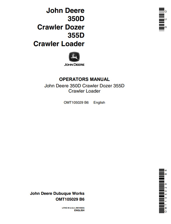 JOHN DEERE 350D CRAWLER DOZER 355D CRAWLER LOADER OPERATOR MANUAL OMT105029