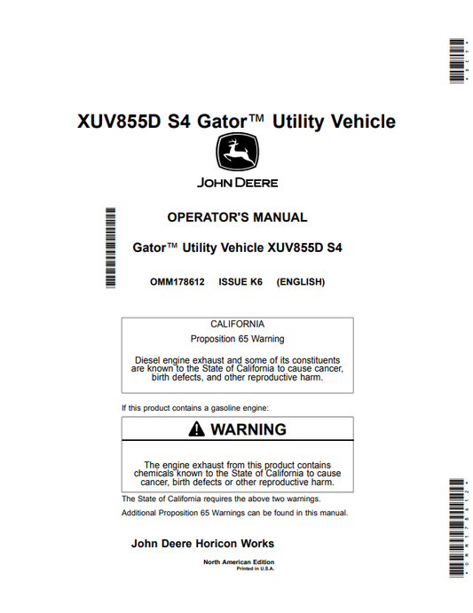 JOHN DEERE XUV855D S4 GATOR™ UTILITY VEHICLE OPERATOR MANUAL OMM178612