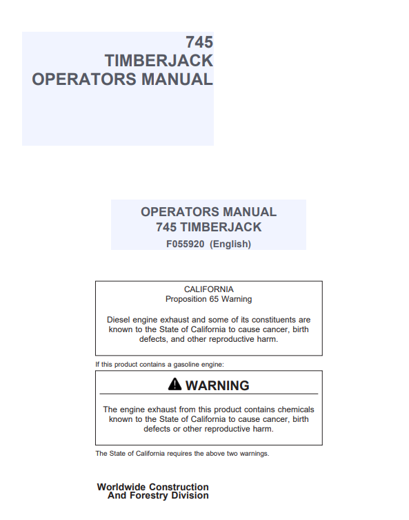 JOHN DEERE 745 TIMBERJACK OPERATOR MANUAL F055920