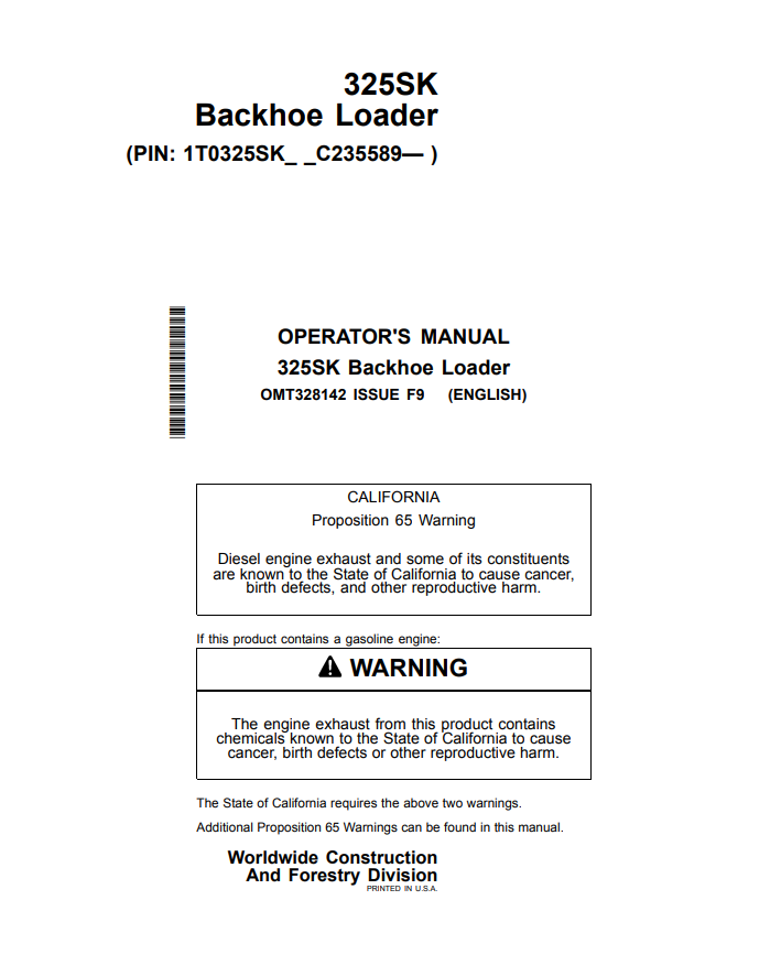 JOHN DEERE 325SK BACKHOE LOADER OPERATOR MANUAL OMT328142