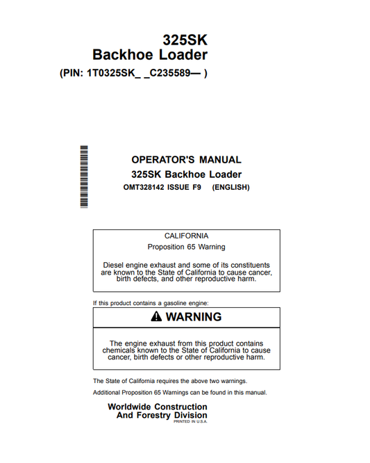 JOHN DEERE 325SK BACKHOE LOADER OPERATOR MANUAL OMT328142