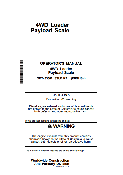 JOHN DEERE 4WD LOADER PAYLOAD SCALE OPERATOR MANUAL OMT433567