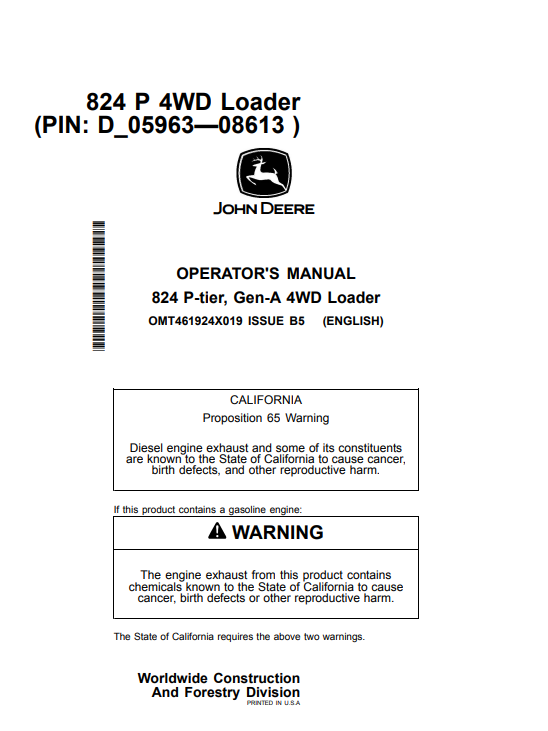 JOHN DEERE 824 P-TIER, GEN-A 4WD LOADER OPERATOR MANUAL OMT461924X019