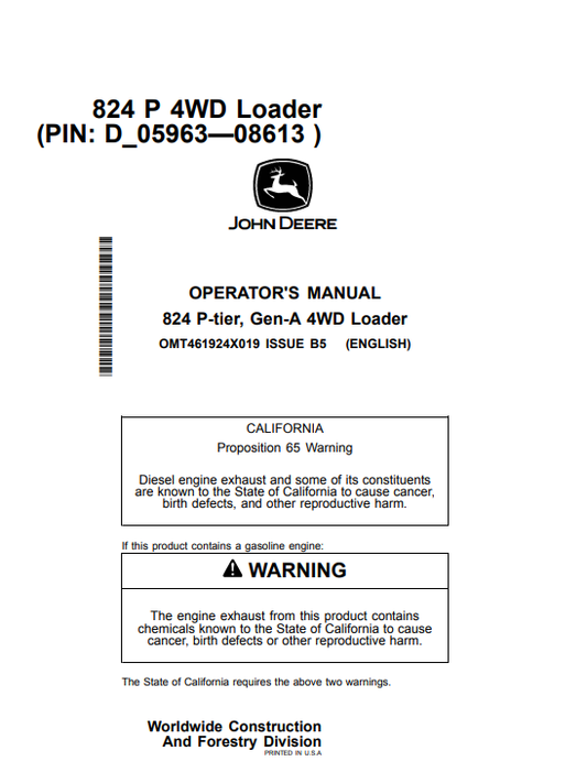 JOHN DEERE 824 P-TIER, GEN-A 4WD LOADER OPERATOR MANUAL OMT461924X019