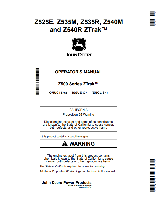 JOHN DEERE Z525E, Z535M, Z535R, Z540M AND Z540R, Z500 SERIES ZTRAK™ OPERATOR MANUAL OMUC13765